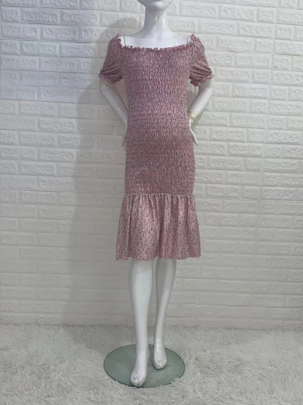 Rochie de maternitate de vară imprimată, croi midi, mâneci bufante, decolteu pătrat, plisare, tiv în formă de coadă de pește - 1221