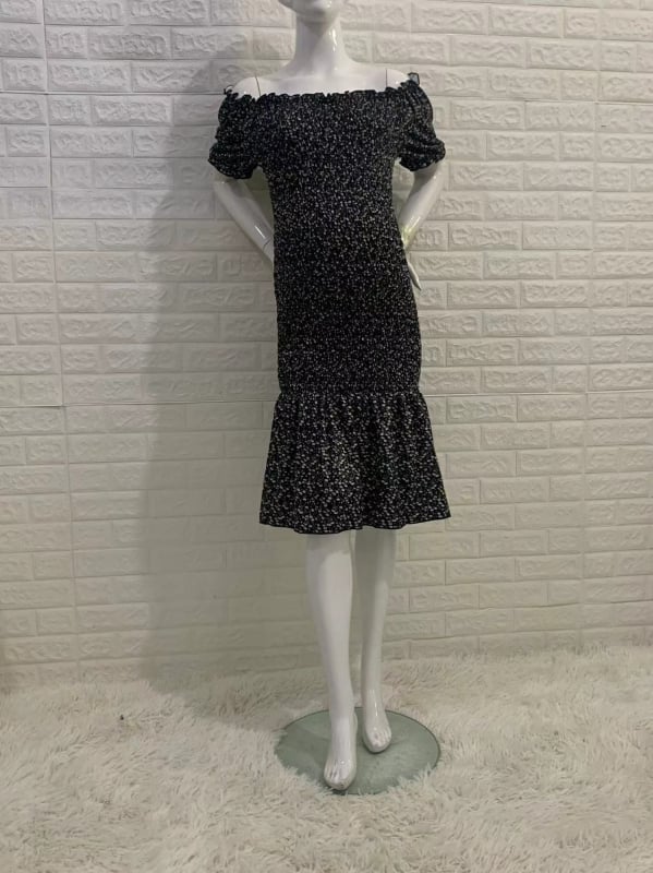 Rochie de maternitate de vară imprimată, croi midi, mâneci bufante, decolteu pătrat, plisare, tiv în formă de coadă de pește - 1221
