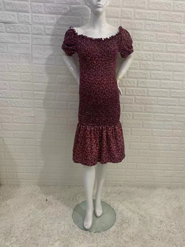 Rochie de maternitate de vară imprimată, croi midi, mâneci bufante, decolteu pătrat, plisare, tiv în formă de coadă de pește - 1221