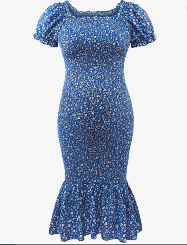 Rochie de maternitate de vară imprimată, croi midi, mâneci bufante, decolteu pătrat, plisare, tiv în formă de coadă de pește - 1221