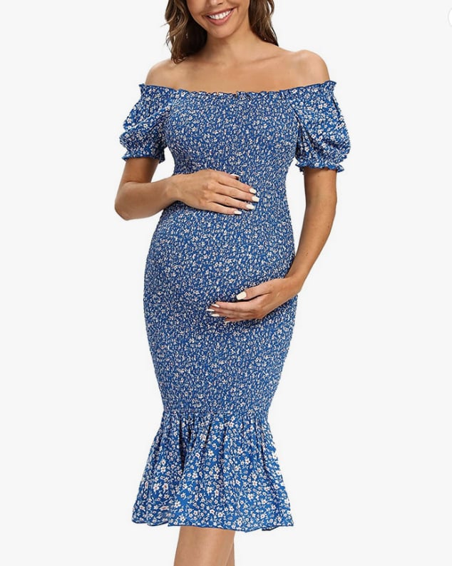 Rochie de maternitate de vară imprimată, croi midi, mâneci bufante, decolteu pătrat, plisare, tiv în formă de coadă de pește - 1221