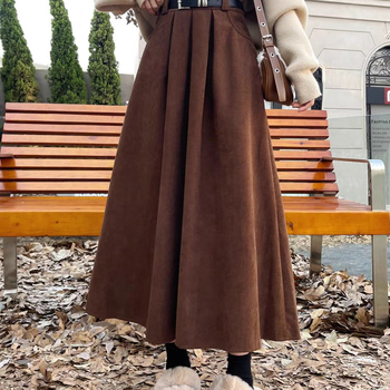 Női corduroy szoknya, őszi–téli stílus, magas derék, laza szabás, pliszírozott, középméretű