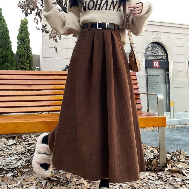 Női corduroy szoknya, őszi–téli stílus, magas derék, laza szabás, pliszírozott, középméretű