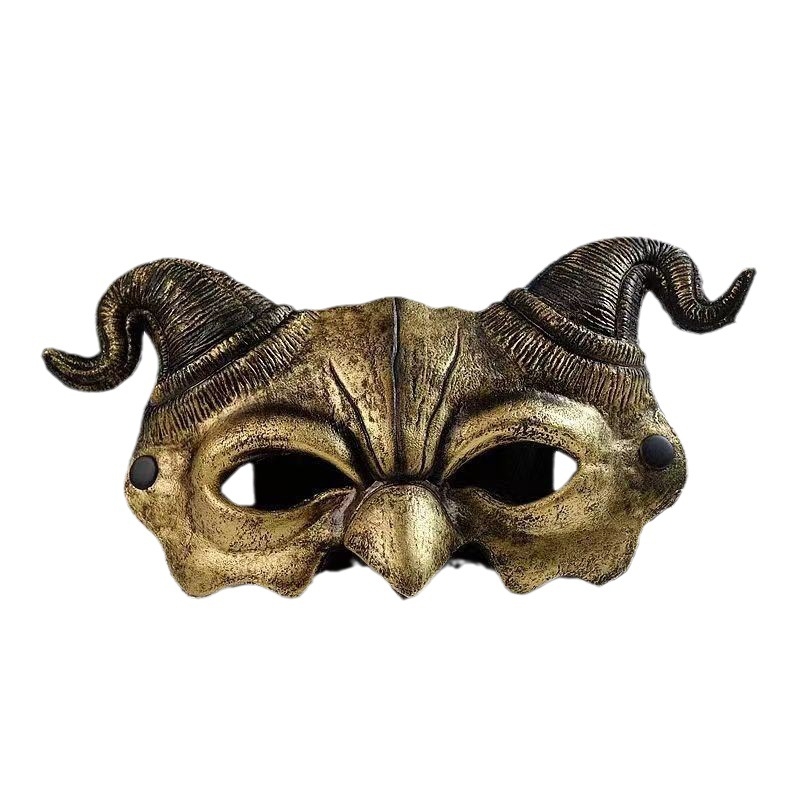 Halloweenska PU penová poltvárová maska so zakrivenými démonickými rohmi a dizajnom lebky pre karnevalovú maškarádu