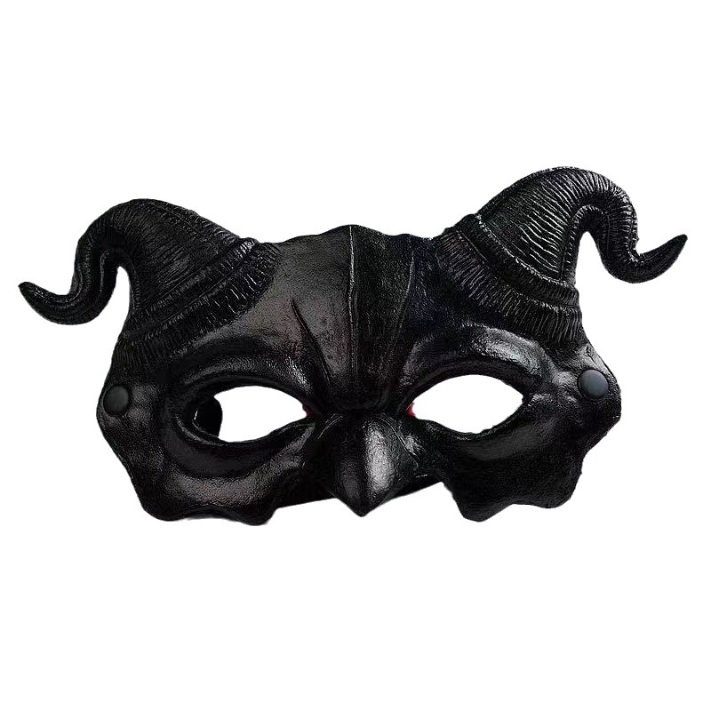 Halloweenska PU penová poltvárová maska so zakrivenými démonickými rohmi a dizajnom lebky pre karnevalovú maškarádu