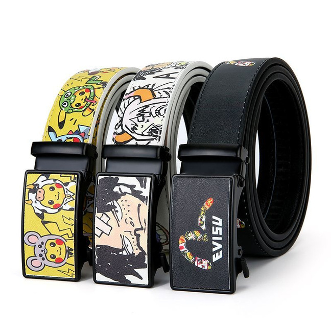 Curea nouă cu cataramă automată și mai multe spații pentru carduri, pentru elevi și tineri; stil graffiti, anime și desene animate, versatilă și modernă