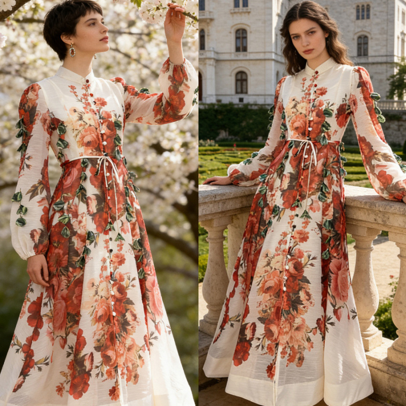 Francia elegáns vintage mintás kétrészes ruha, álló gallérral, lámpás ujjú, egyszintes gombolású felső és hosszú szoknya 3D virágokkal