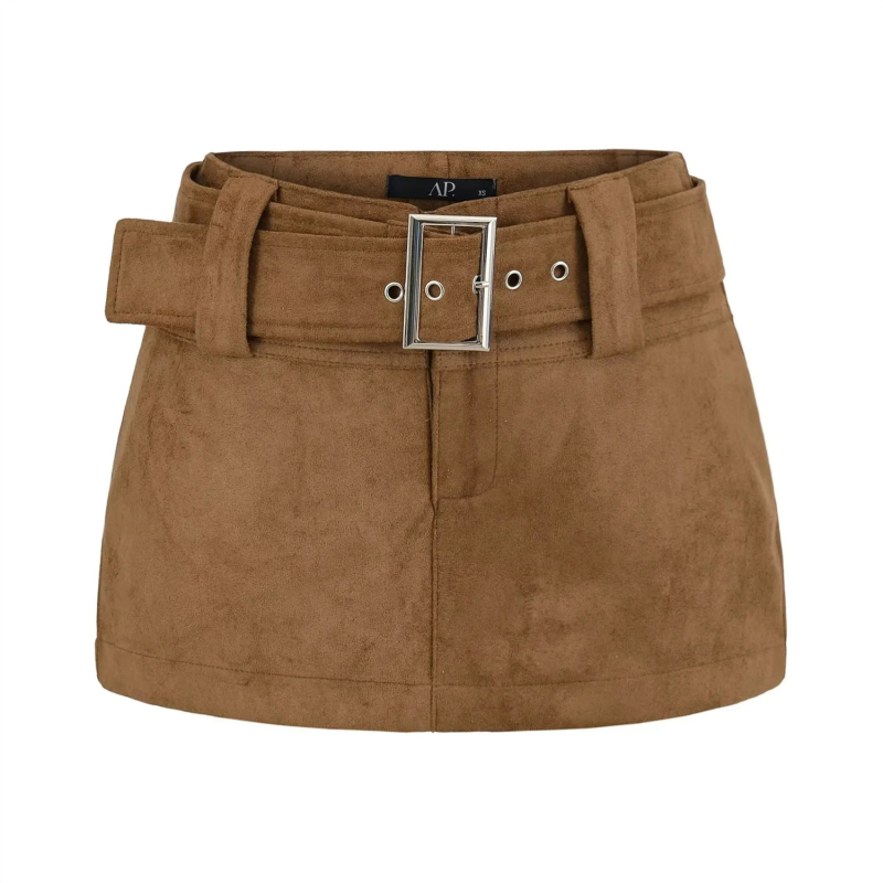 Női rövid szoknya suede övvel, őszi-téli szezonra, retro elegáns, diszkrét fedettség, karcsú vonal, csípőre simuló fazon
