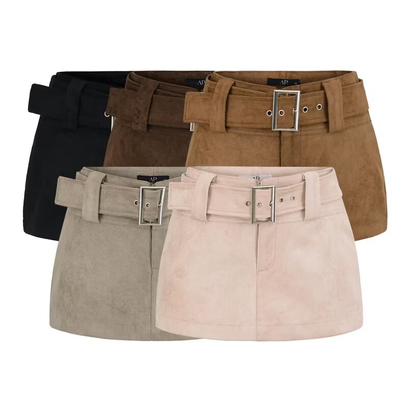 Női rövid szoknya suede övvel, őszi-téli szezonra, retro elegáns, diszkrét fedettség, karcsú vonal, csípőre simuló fazon