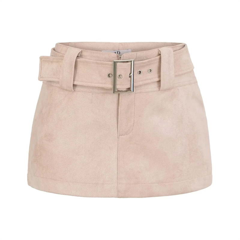 Női rövid szoknya suede övvel, őszi-téli szezonra, retro elegáns, diszkrét fedettség, karcsú vonal, csípőre simuló fazon