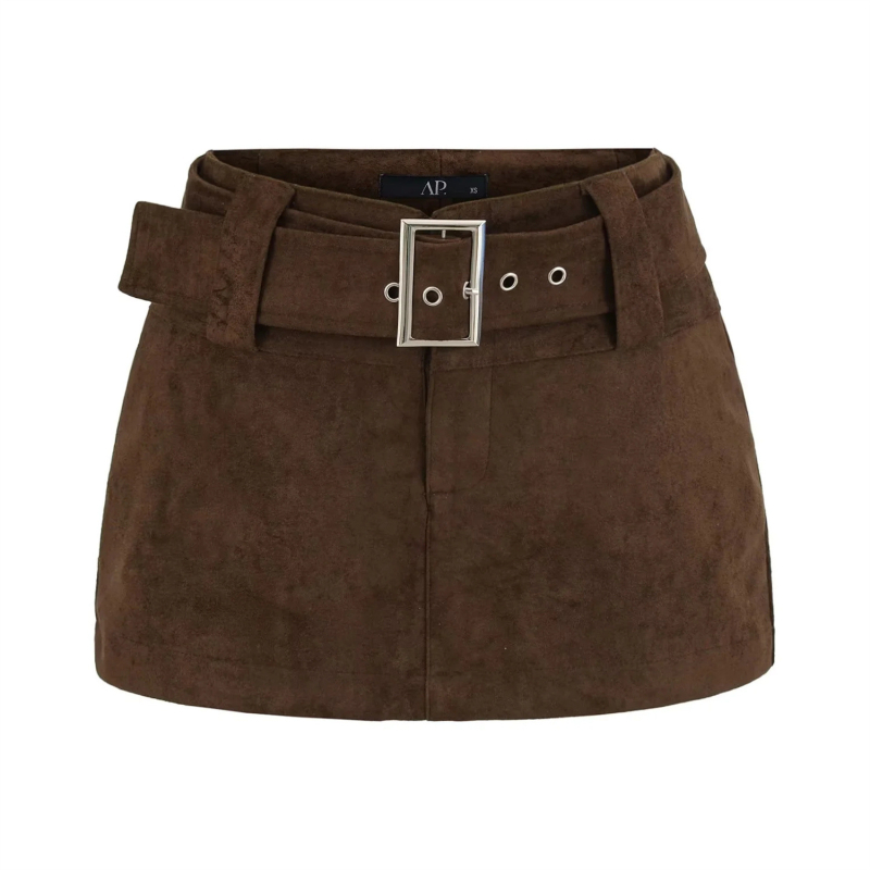 Női rövid szoknya suede övvel, őszi-téli szezonra, retro elegáns, diszkrét fedettség, karcsú vonal, csípőre simuló fazon