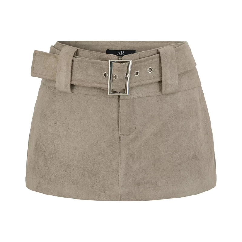 Női rövid szoknya suede övvel, őszi-téli szezonra, retro elegáns, diszkrét fedettség, karcsú vonal, csípőre simuló fazon