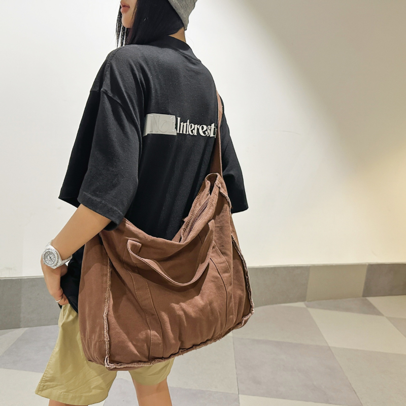 Japán retro vászontáska vállon, nagy kapacitás, egyedi nyers szegély design, laza iskolatáska