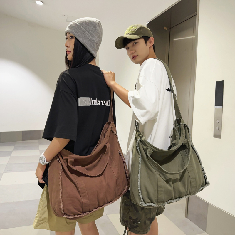 Japán retro vászontáska vállon, nagy kapacitás, egyedi nyers szegély design, laza iskolatáska