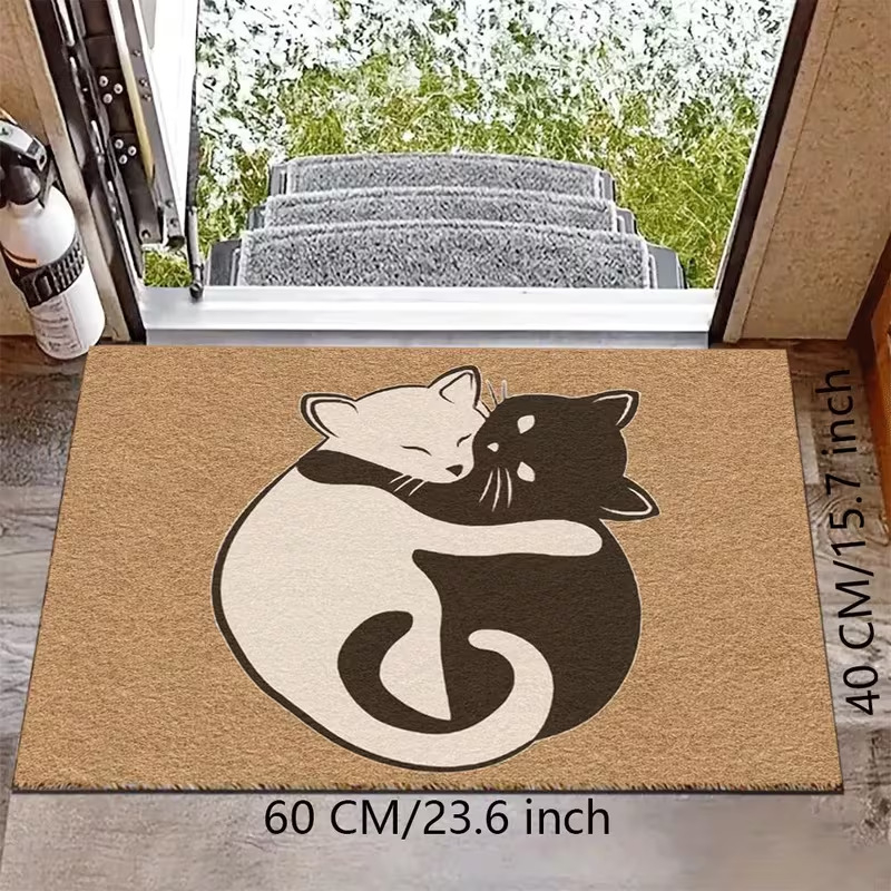 Személyre szabható bejárati szőnyeg Silk Circle anyagból, macskás mintával, bel- és kültéri használatra, csúszásmentes, karcolásálló