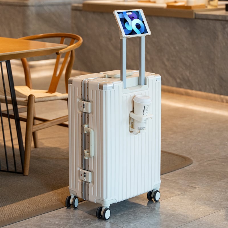 Daou bagaj cu cadru din aluminiu, noul model, cu cârlig și suport pentru ceașcă, multifuncțional pentru bagaje de mână, mâner telescopic și lacăt cu combinație, 24 inch