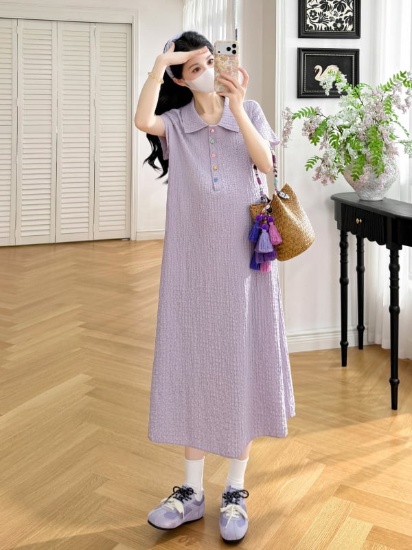 Rochie maternitate Jingqi, vară 2026, croială lejeră, guler polo, mâneci scurte, poliester cu elastan, culoare solidă, lungime midi, mărime plus