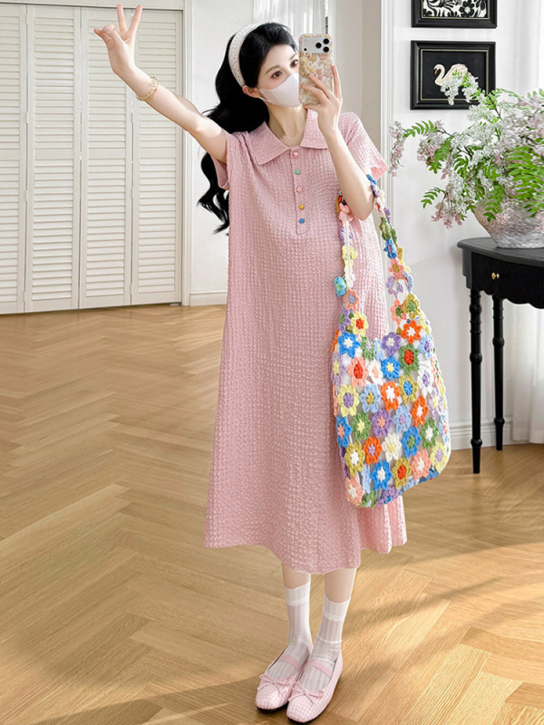 Rochie maternitate Jingqi, vară 2026, croială lejeră, guler polo, mâneci scurte, poliester cu elastan, culoare solidă, lungime midi, mărime plus