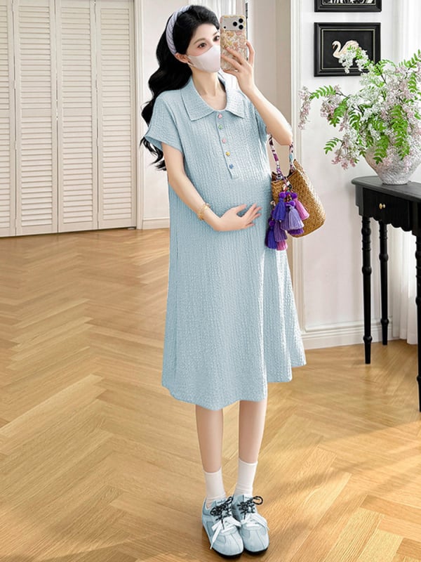 Rochie maternitate Jingqi, vară 2026, croială lejeră, guler polo, mâneci scurte, poliester cu elastan, culoare solidă, lungime midi, mărime plus