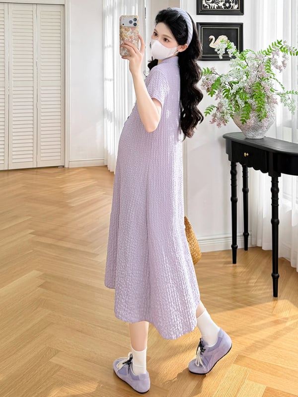 Rochie maternitate Jingqi, vară 2026, croială lejeră, guler polo, mâneci scurte, poliester cu elastan, culoare solidă, lungime midi, mărime plus