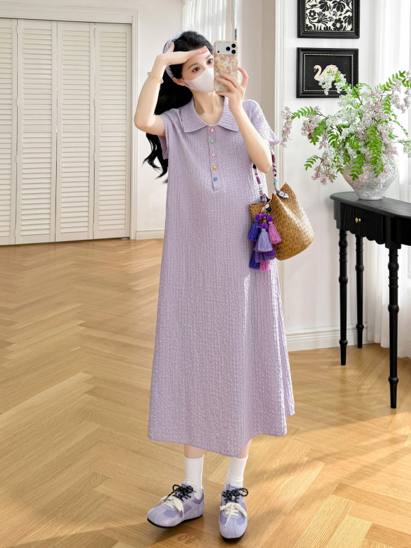Rochie maternitate Jingqi, vară 2026, croială lejeră, guler polo, mâneci scurte, poliester cu elastan, culoare solidă, lungime midi, mărime plus