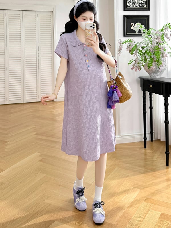 Rochie maternitate Jingqi, vară 2026, croială lejeră, guler polo, mâneci scurte, poliester cu elastan, culoare solidă, lungime midi, mărime plus