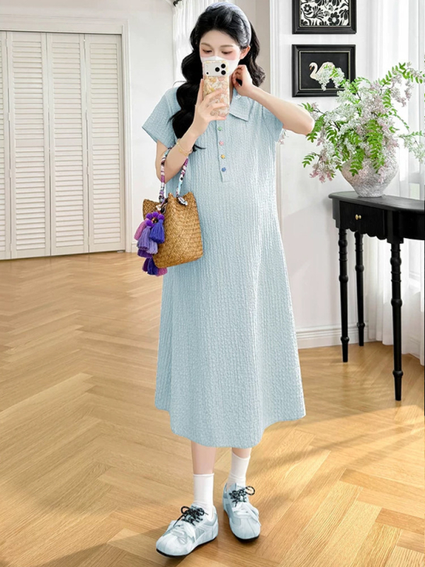 Rochie maternitate Jingqi, vară 2026, croială lejeră, guler polo, mâneci scurte, poliester cu elastan, culoare solidă, lungime midi, mărime plus