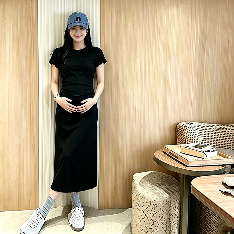 Îmbrăcăminte de maternitate pentru mame stilate, rochie în stil franțuzesc tea dress pentru vara 2026, mărime plus, acoperire a burții, potrivită pentru înălțimi mici, decolteu rotund, mâneci scurte