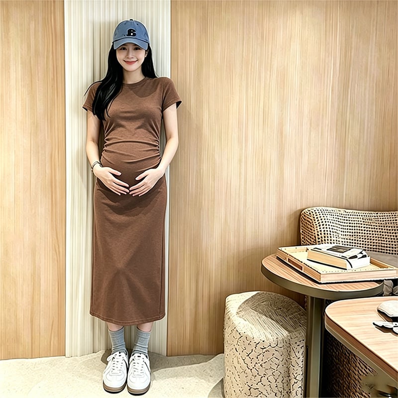 Îmbrăcăminte de maternitate pentru mame stilate, rochie în stil franțuzesc tea dress pentru vara 2026, mărime plus, acoperire a burții, potrivită pentru înălțimi mici, decolteu rotund, mâneci scurte