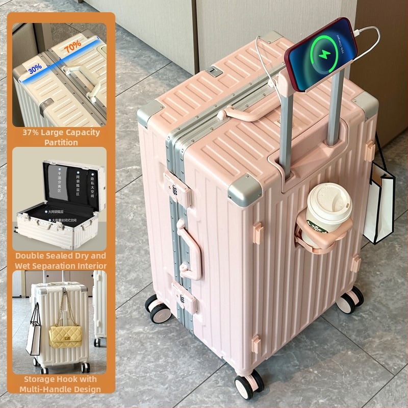 Valiză de călătorie cu împărțire 7/3, deschidere frontală, mare capacitate, cadru din aluminiu, roți de 360°, bagaj de cabină
