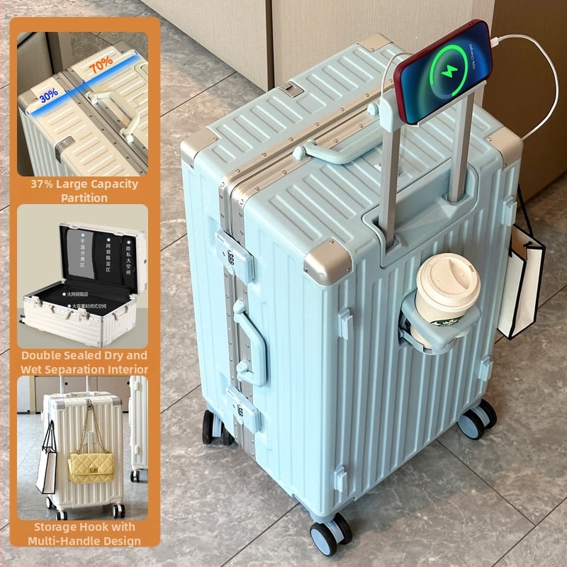 Valiză de călătorie cu împărțire 7/3, deschidere frontală, mare capacitate, cadru din aluminiu, roți de 360°, bagaj de cabină
