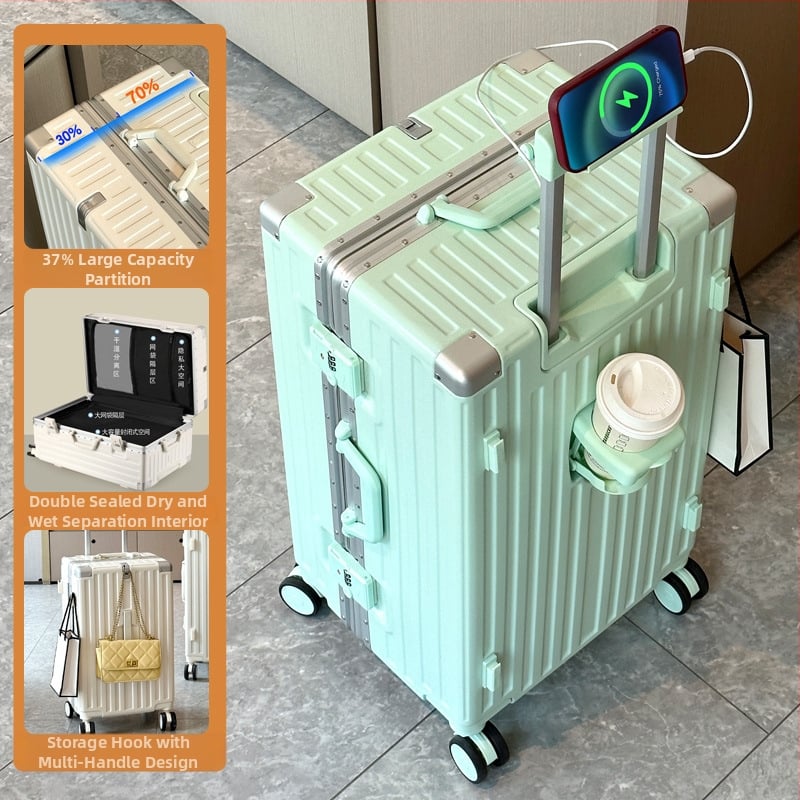Valiză de călătorie cu împărțire 7/3, deschidere frontală, mare capacitate, cadru din aluminiu, roți de 360°, bagaj de cabină