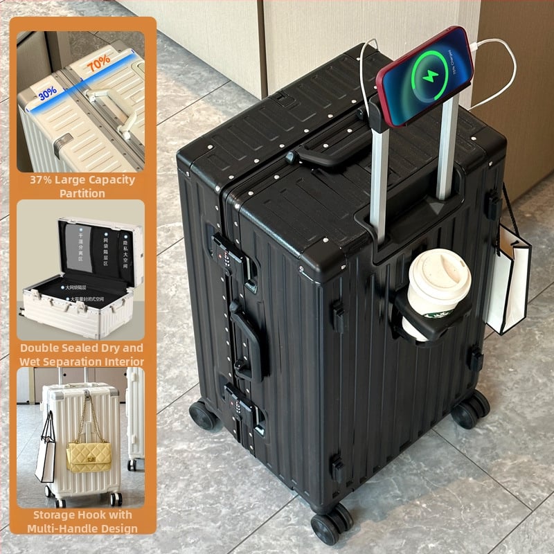Valiză de călătorie cu împărțire 7/3, deschidere frontală, mare capacitate, cadru din aluminiu, roți de 360°, bagaj de cabină