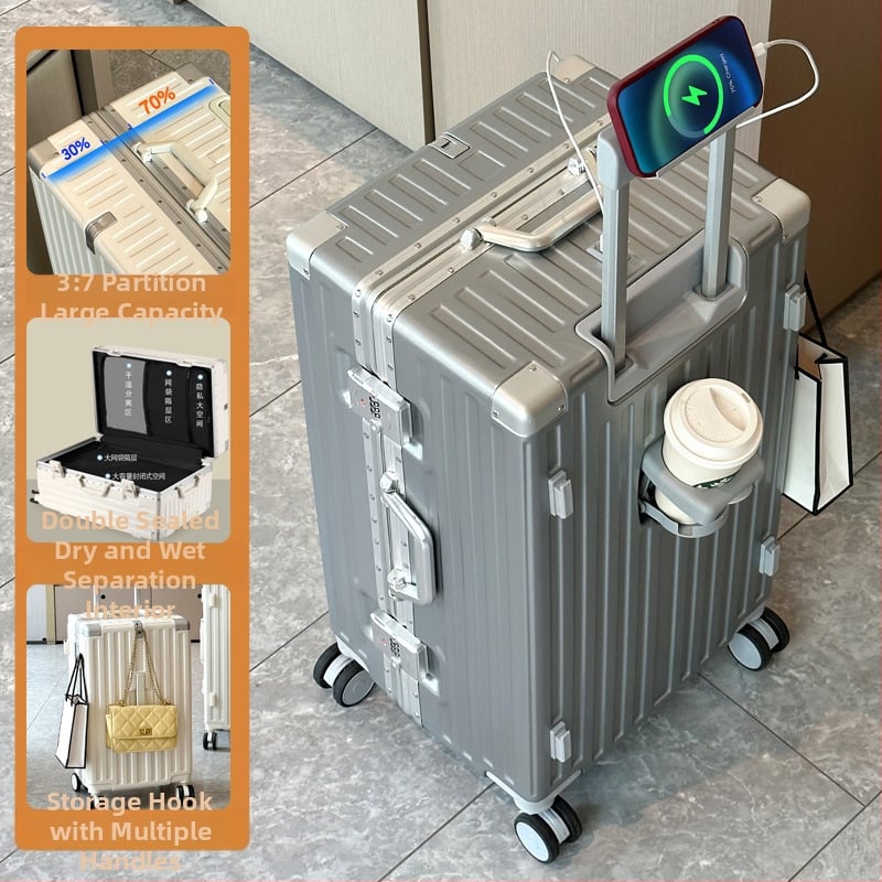 Valiză de călătorie cu împărțire 7/3, deschidere frontală, mare capacitate, cadru din aluminiu, roți de 360°, bagaj de cabină
