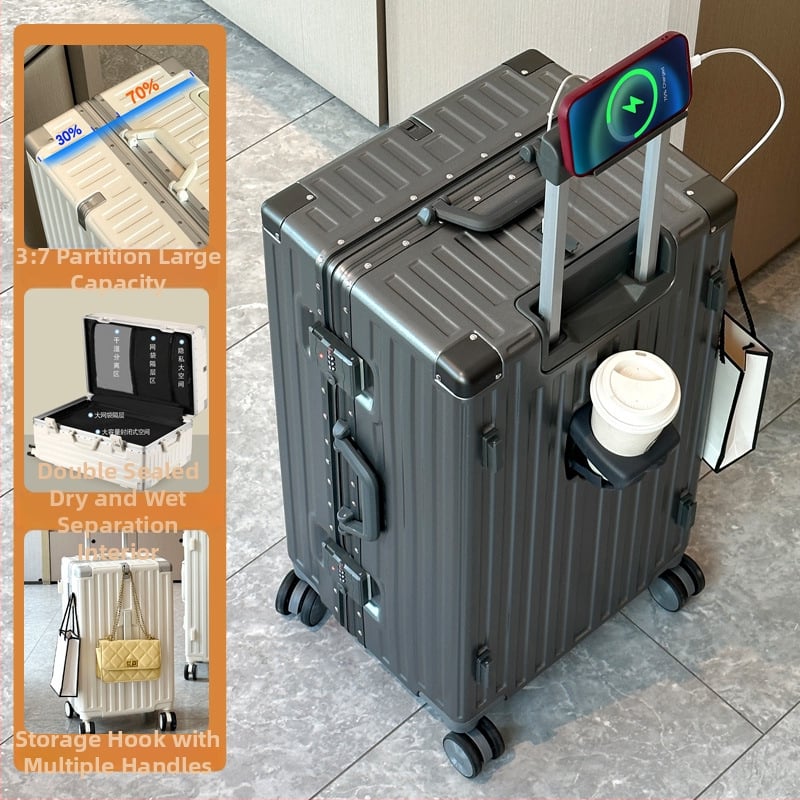 Valiză de călătorie cu împărțire 7/3, deschidere frontală, mare capacitate, cadru din aluminiu, roți de 360°, bagaj de cabină