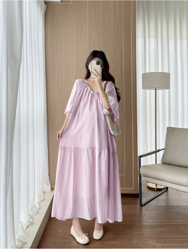 Rochie de maternitate plus size cu decolteu în V și șnur, design pentru alăptare, lungă, evazată