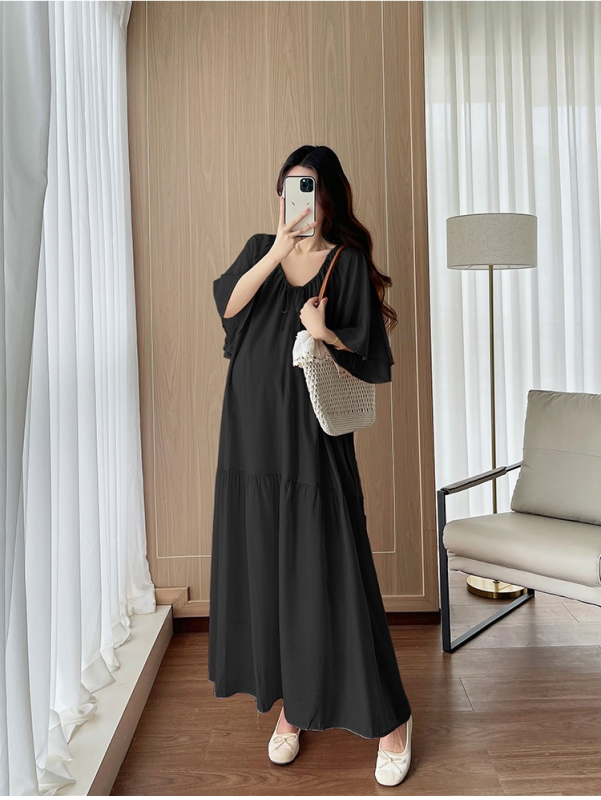 Rochie de maternitate plus size cu decolteu în V și șnur, design pentru alăptare, lungă, evazată