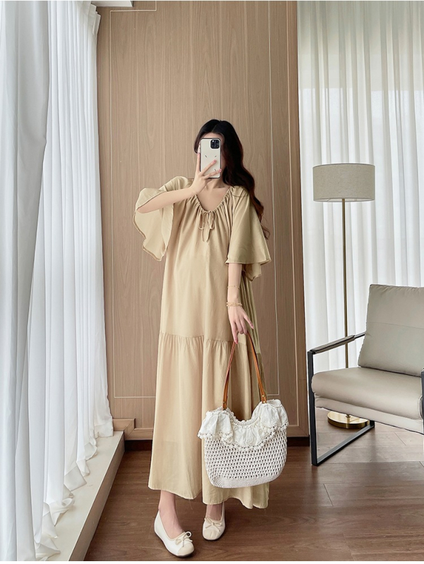 Rochie de maternitate plus size cu decolteu în V și șnur, design pentru alăptare, lungă, evazată