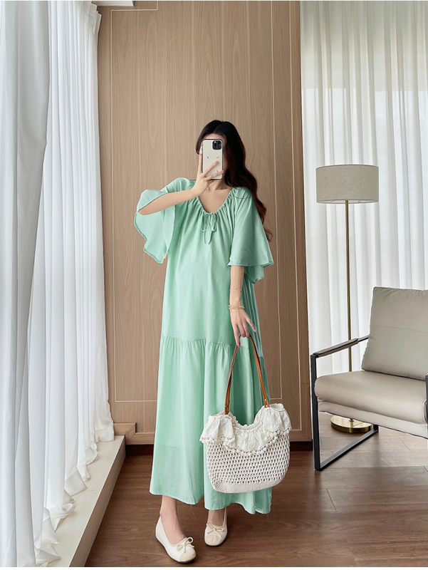 Rochie de maternitate plus size cu decolteu în V și șnur, design pentru alăptare, lungă, evazată