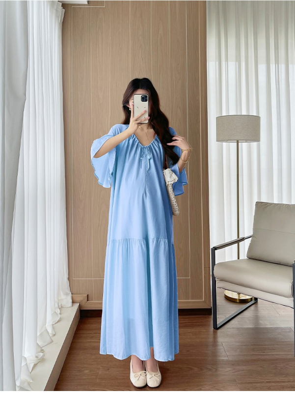 Rochie de maternitate plus size cu decolteu în V și șnur, design pentru alăptare, lungă, evazată