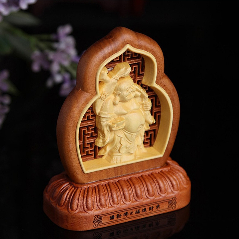 Prelamovaná socha Guanyin a Maitreya v interiéri auta z krušpánu a jujube dreva, ozdoba so symbolom požehnania a bezpečnosti vo vintage štýle.