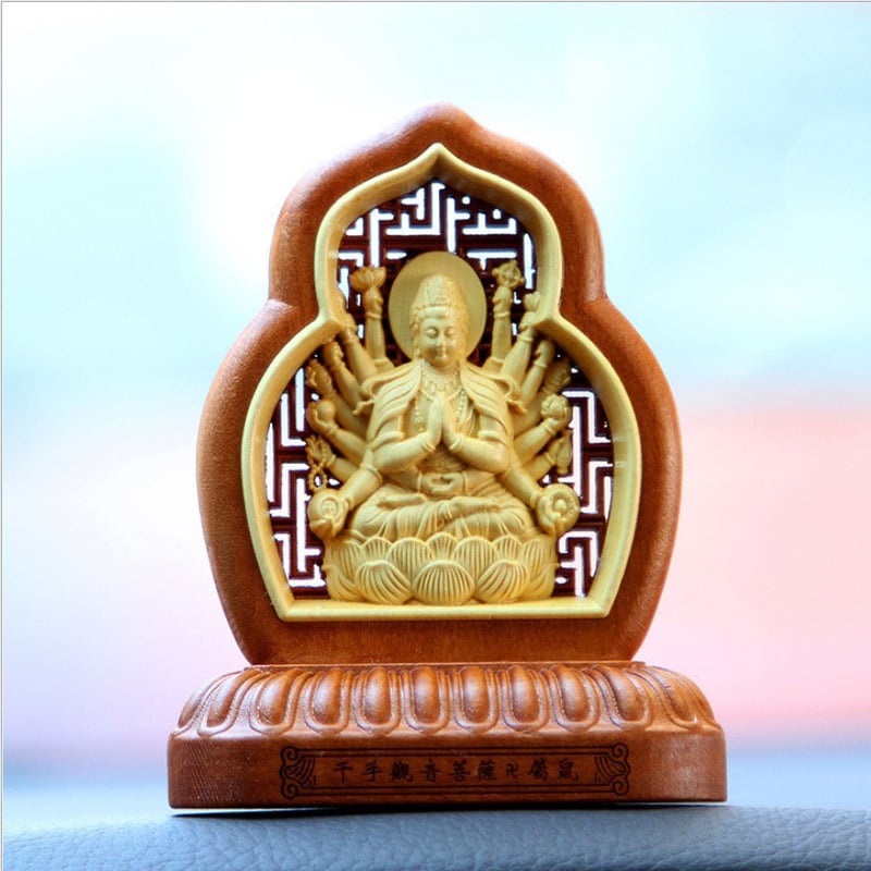 Εσωτερικό αυτοκινήτου: άγαλμα Guanyin και Maitreya σε ανοιχτό σχέδιο από ξύλο boxwood και jujube, ρετρό στυλ, φυλαχτό για ευλογία και ασφάλεια
