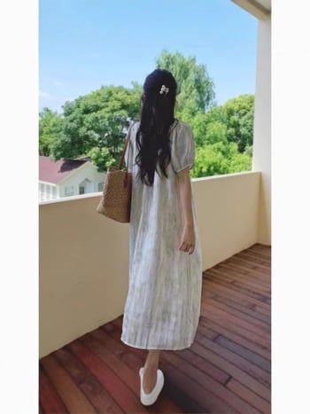 Rochie de maternitate cu tie-dye, decolteu pătrat, mâneci scurte, croială lejeră, stil coreean, vară 2026