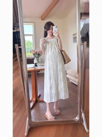 Rochie de maternitate cu tie-dye, decolteu pătrat, mâneci scurte, croială lejeră, stil coreean, vară 2026