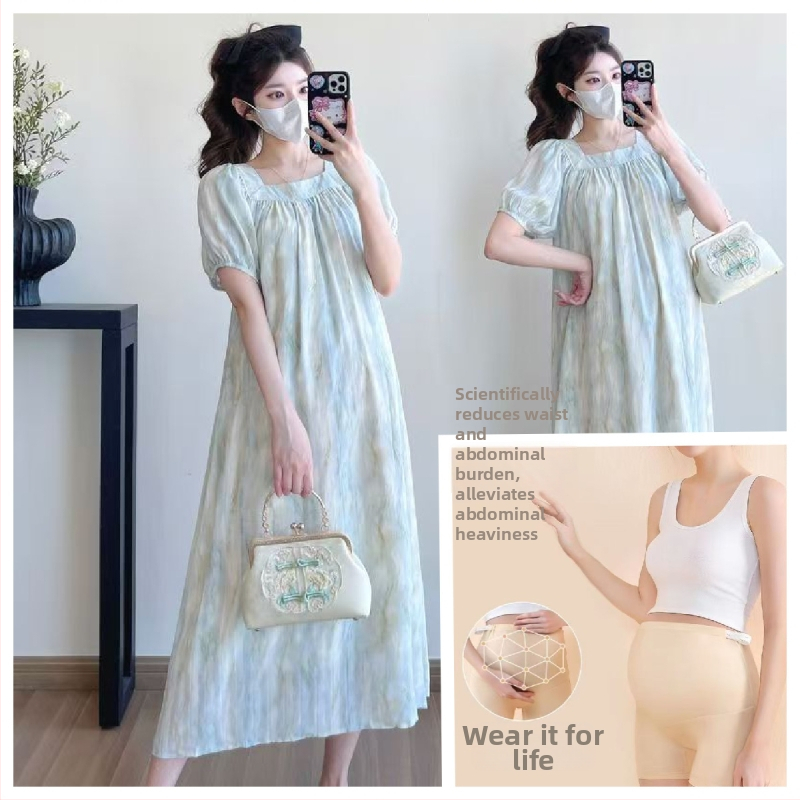 Rochie de maternitate cu tie-dye, decolteu pătrat, mâneci scurte, croială lejeră, stil coreean, vară 2026