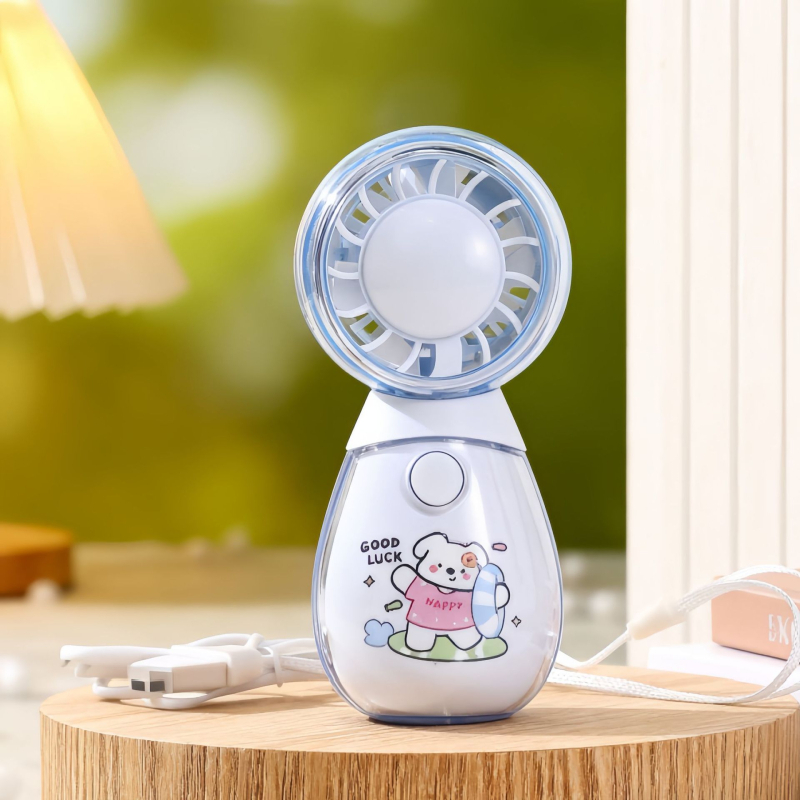 Roztomilý ručný mini ventilátor s tromi rýchlosťami a okrúhlym dizajnom v tvare domáceho maznáčika, ktorý sa dá nabíjať cez USB.