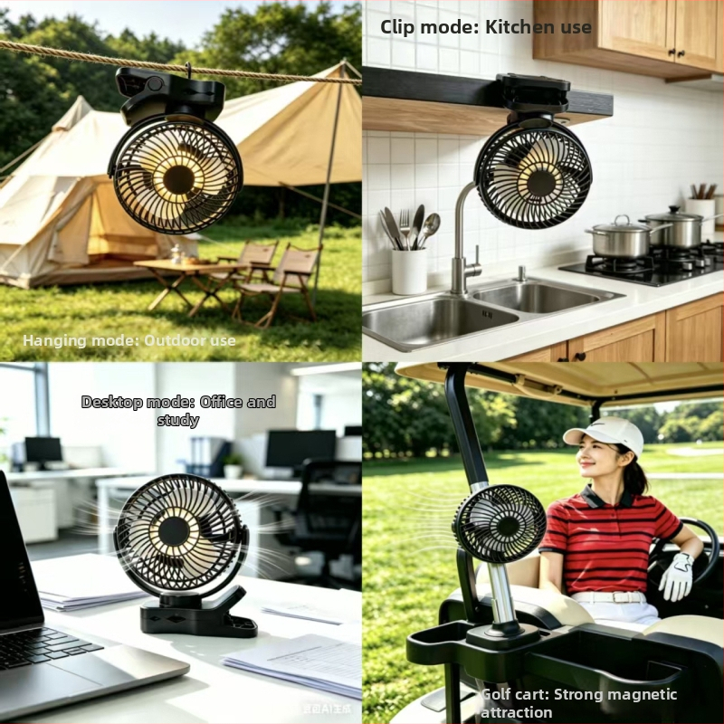 USB ventilátor s klipom a magnetickým nočným svetlom, prenosný 4-v-1 mini stolový ventilátor