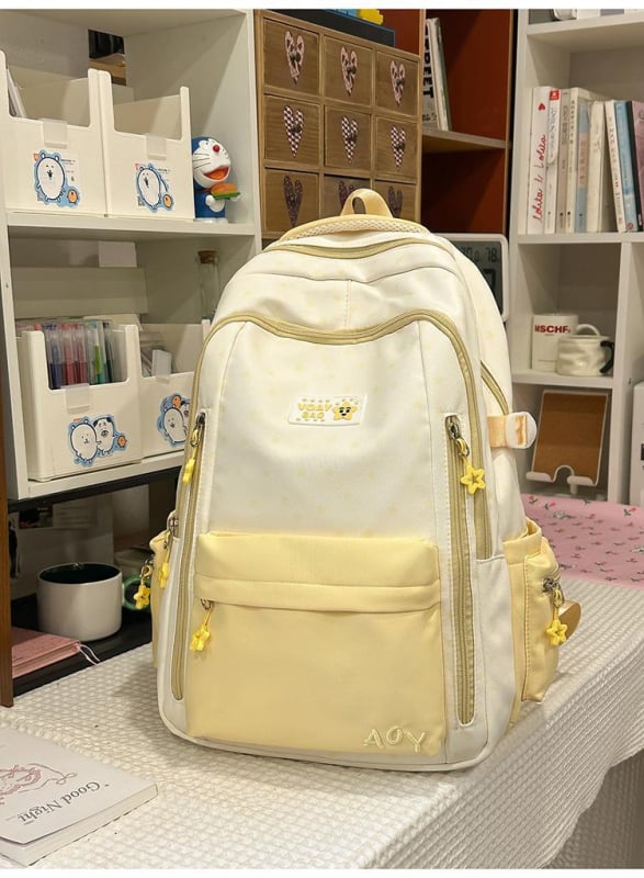 Dicarlo rucsac școlar ușor, cu mai multe compartimente, într-o nuanță albastru lăptos cu finisaj sărat, model geometric, compartiment pentru laptop de 10 inch