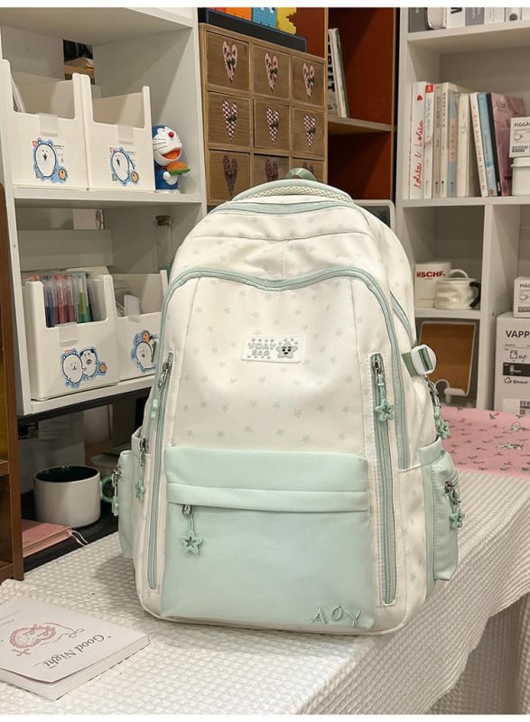 Dicarlo rucsac școlar ușor, cu mai multe compartimente, într-o nuanță albastru lăptos cu finisaj sărat, model geometric, compartiment pentru laptop de 10 inch