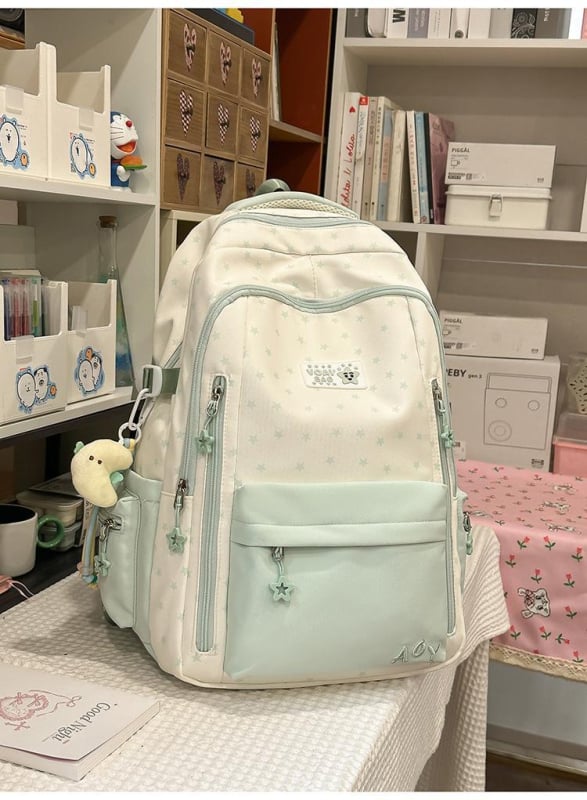 Dicarlo rucsac școlar ușor, cu mai multe compartimente, într-o nuanță albastru lăptos cu finisaj sărat, model geometric, compartiment pentru laptop de 10 inch
